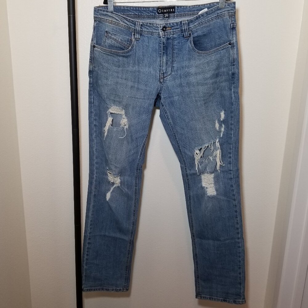 Empyre Jeans Mens 34 Skeletor Retro Straight Leg Stretch Distressed Jeans Y2K